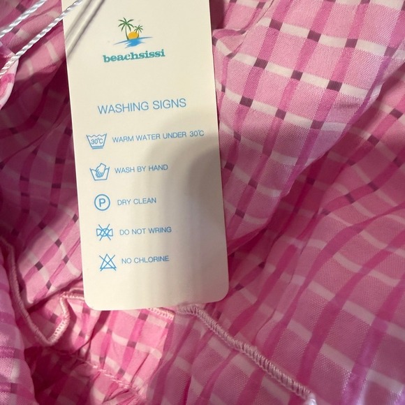 Beachsissi Pink Gingham Ruffle Tiered Smocked Waist Midi Dress Womens L - Picture 9 of 11